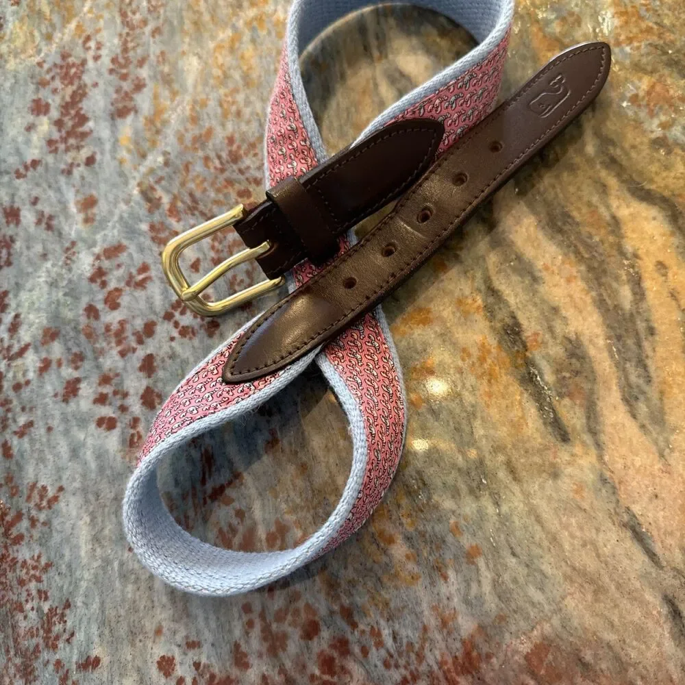 Vineyard Vines Men's Preppy Pink Whale Print Canvas & Leather Club Belt  Size 28